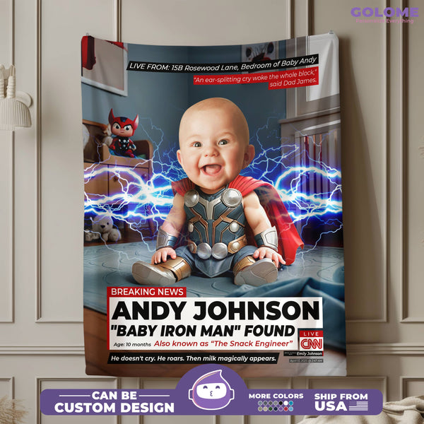 Personalized Baby Superhero Thor Blanket – CNN Breaking News Style with Custom Photo & Name